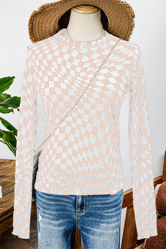 Annie-Western Checkered Pattern Mesh Mock Neck Long Sleeve Top