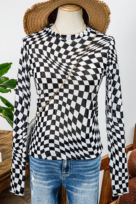 Winnie Checkered Pattern Mesh Mock Neck Long Sleeve Top