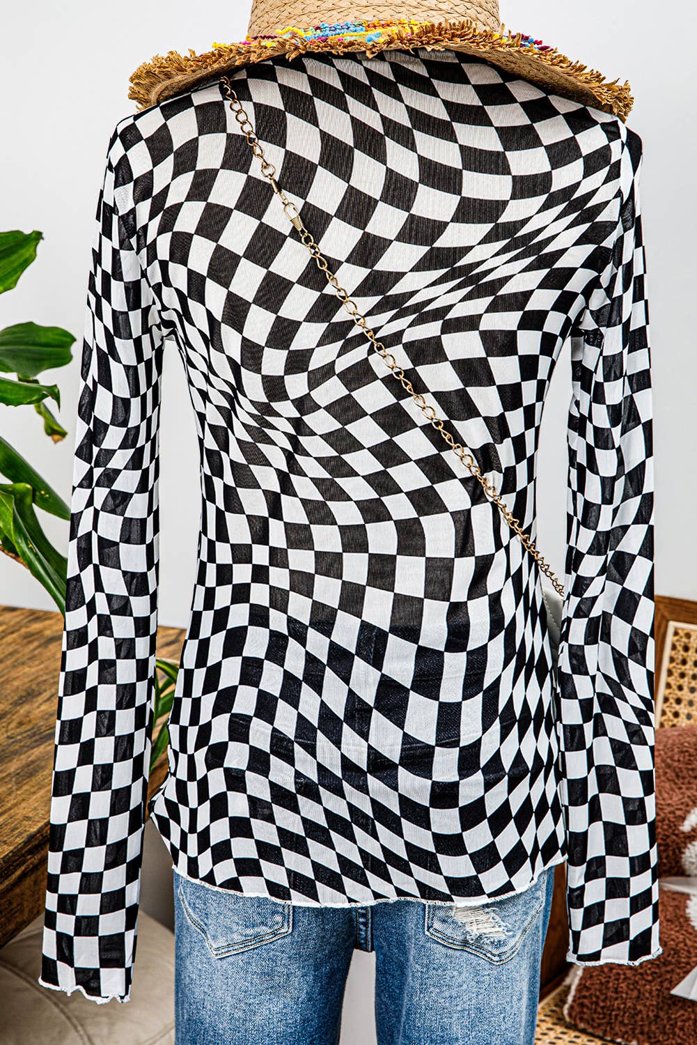 Winnie Checkered Pattern Mesh Mock Neck Long Sleeve Top