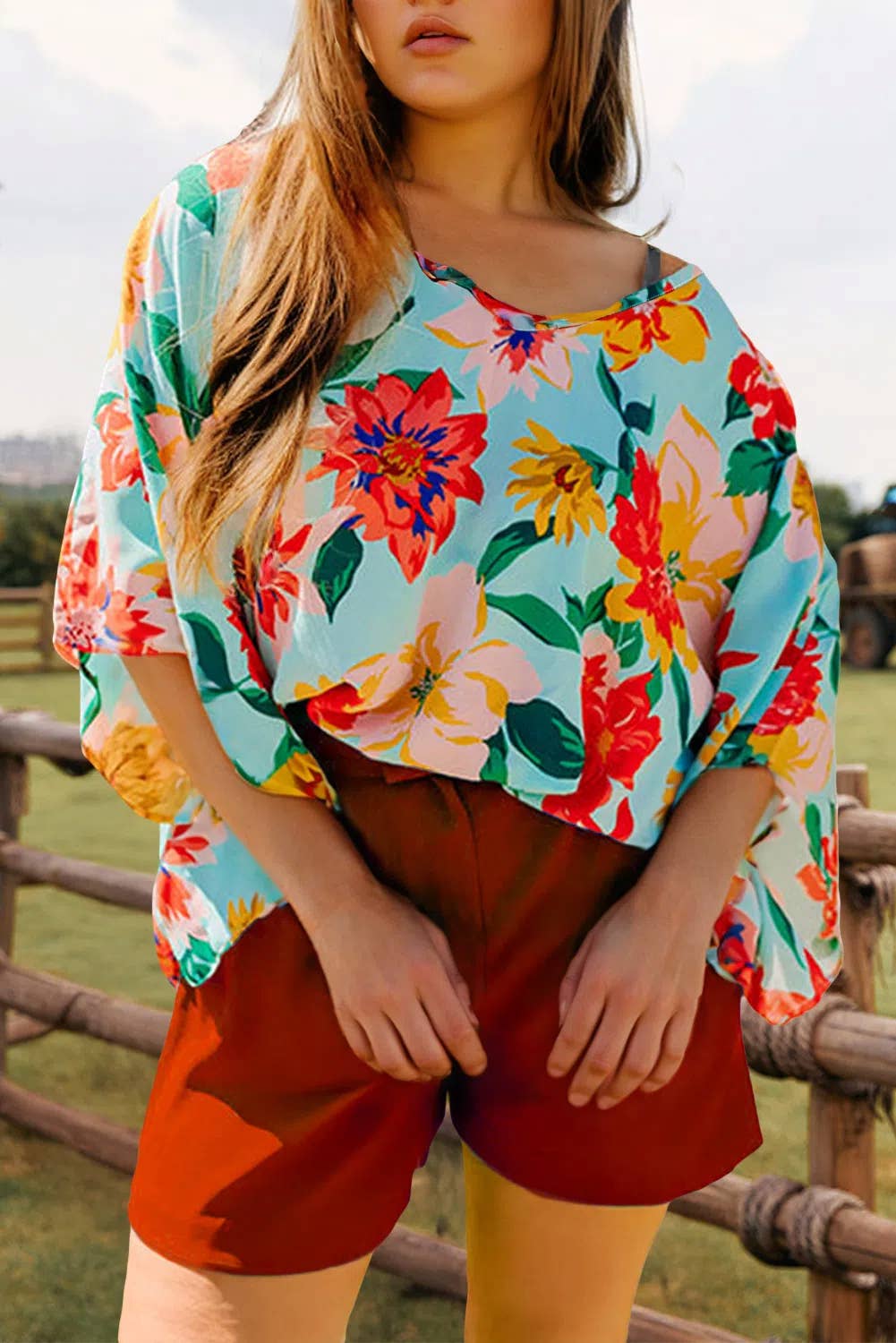 Audrey-Plus Size Floral Print V Neck Batwing Sleeve Blouse