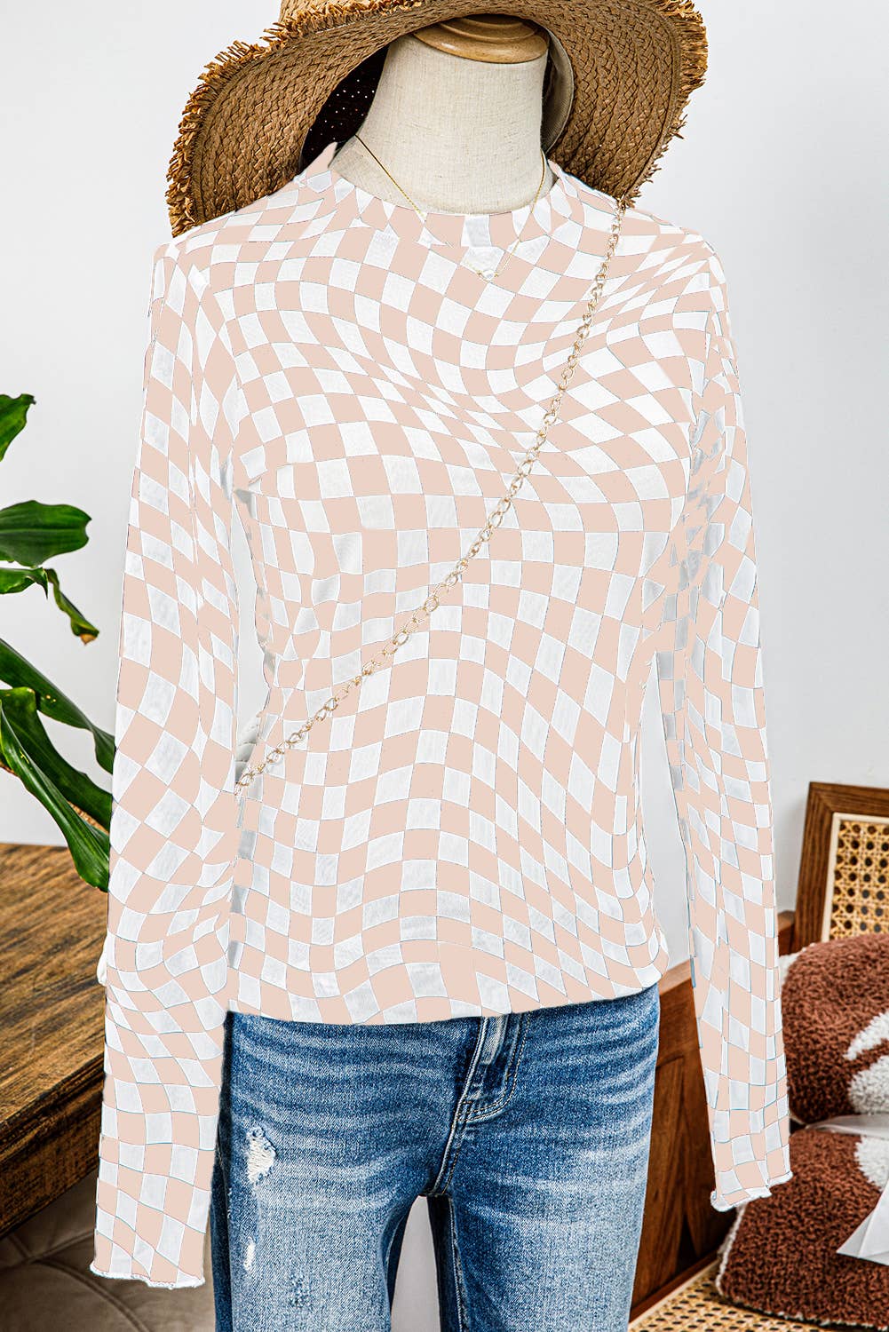 Annie-Western Checkered Pattern Mesh Mock Neck Long Sleeve Top